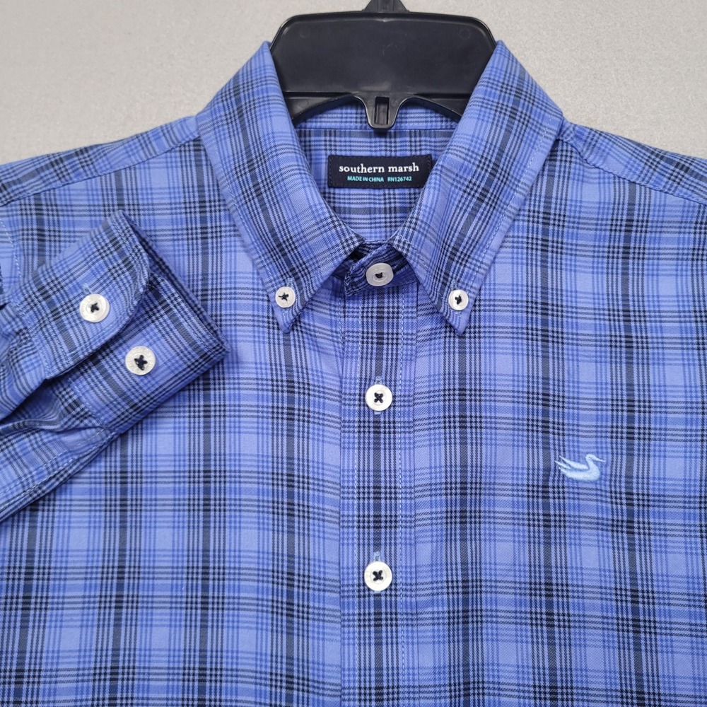 Southern Marsh Youth Medium Blue Plaid Button Down Shirt Long Sleeve Logo